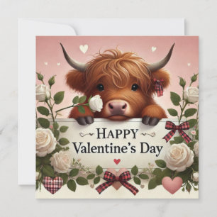 Hooglandkoe Valentijn met witte rozen Feestdagenkaart