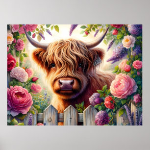 Hooglandrund en Roze Rozen Poster