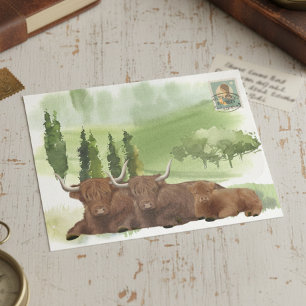 Hooglandrundvee Familie Watercolor Schotland Briefkaart