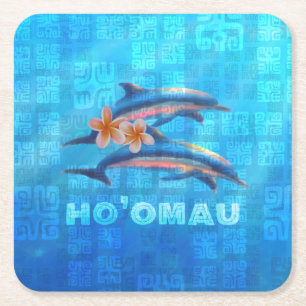 HO'OMAU Hawaiian Dolphins Primitive Collage Vierkante Kartonnen Onderzetter