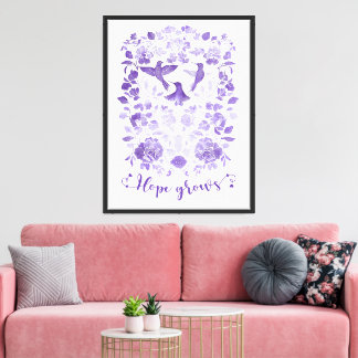 Hoop Groeit - Lavendel Linocut Bird Inspirerend Canvas Afdruk