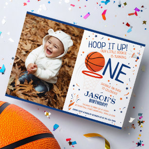 Hoop It Up Blue Photo Basketball 1e verjaardag Kaart