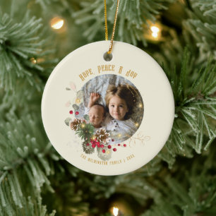 Hoop, Vrede, Vreugde Goud Rood Holly Foto Aandenke Keramisch Ornament