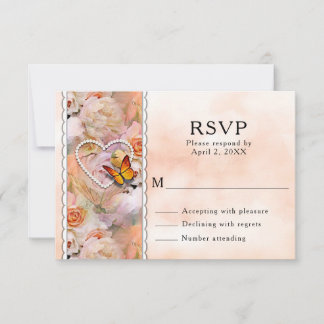 Hoorparels, Oranje Rozen en Butterflies Wedding RSVP Kaartje