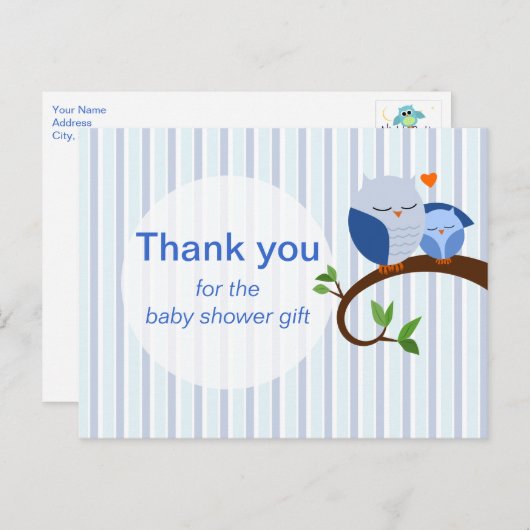 Hoot van een Baby shower blauw dank u Briefkaart (Voorkant / Achterkant)
