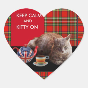"HOP CALM AND KAT ON", RED TARTAN, CAT TEA PARTIJ HART STICKER
