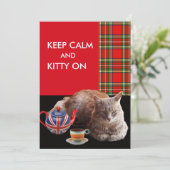 "HOP CALM AND KAT ON", RED TARTAN, CAT TEA PARTIJ KAART (Staand voorkant)