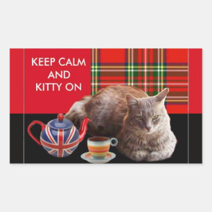 "HOP CALM AND KAT ON", RED TARTAN, CAT TEA PARTIJ RECHTHOEKIGE STICKER