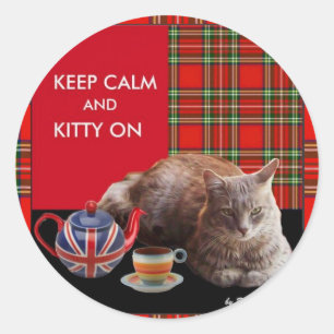 "HOP CALM AND KAT ON", RED TARTAN, CAT TEA PARTIJ RONDE STICKER