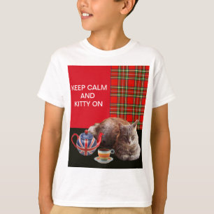 "HOP CALM AND KAT ON", RED TARTAN, CAT TEA PARTIJ T-SHIRT