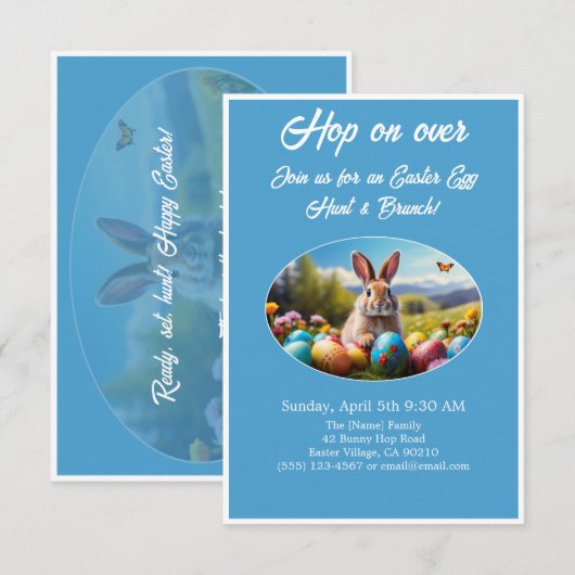 Hop on Over Egg Hunt Brunch Easter Rabbit blue -  Kaart (Voorkant / Achterkant)