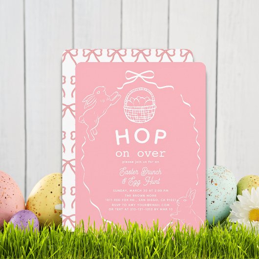 Hop on Over Pink Bow Bunny Easter Brunch Kaart