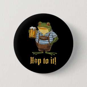 Hop to it Lederhosen Frog Holding Beer Funny Ronde Button 5,7 Cm