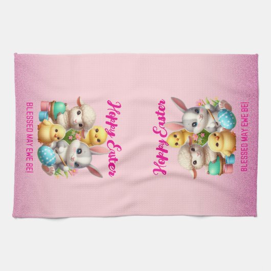 Hoppy Easter Schattige Bunny Chicks Lamb Schildere Theedoek (Horizontaal)