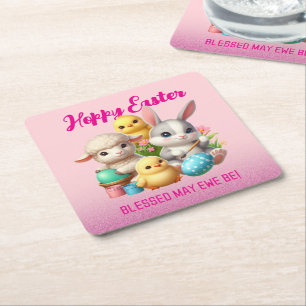 Hoppy Easter Schattige Bunny Chicks Lamb Schildere Vierkante Kartonnen Onderzetter