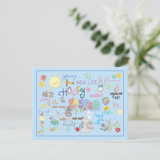 Hoppy Easter Wordart Groeten Blauwe Achtergrond Briefkaart (Staand voorkant)