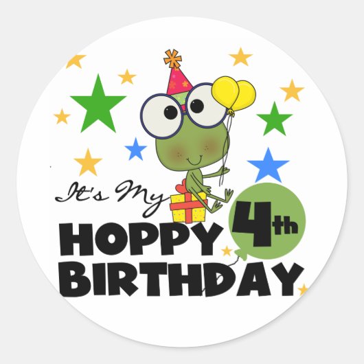 Hoppy Frog 4th Birthday T-shirts en geschenken Ronde Sticker (Voorkant)