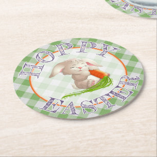 Hoppy Happy paaster Bunny Green Gingham Pattern Ronde Kartonnen Onderzetter
