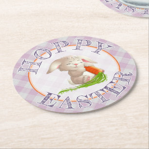 Hoppy Happy paaster Bunny Pink Gingham Pattern Ronde Kartonnen Onderzetter