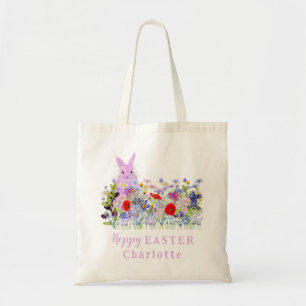 Hoppy paasei jacht roze konijntje wilde bloemen na tote bag