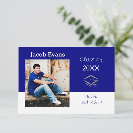 Horizontaal blauw met foto-3x5Afstuderen Aankondig Kaart (Staand voorkant)