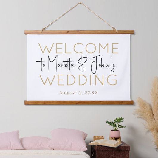 Horizontaal witgoud elegant bruiloft Welkomstteken Hangend Wandkleed (Slaapkamer)