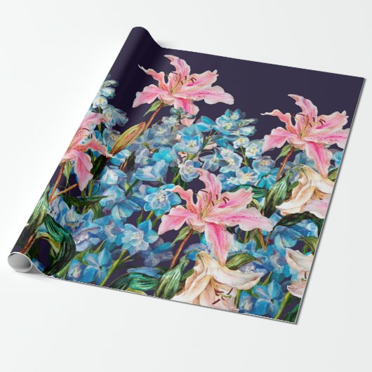 Horizontale Floral-grens. Lilies en delfiniums, Cadeaupapier (Uitgerold)