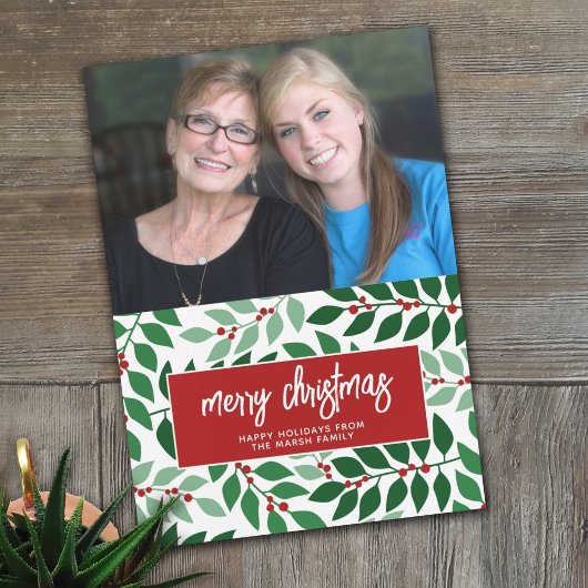 Horizontale foto - Vrolijk kerstgeblindeerd rood Feestdagenkaart