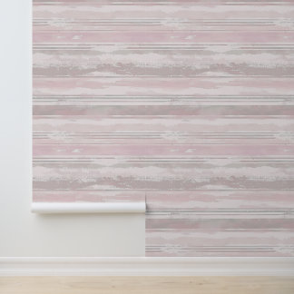 Horizontale geschetste artistieke lijnen roze kleu behang