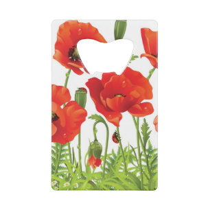 Horizontale grens met rode papaver kredietkaart flessenopener