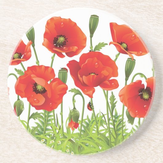 Horizontale grens met rode papaver zandsteen onderzetter (Voorkant)