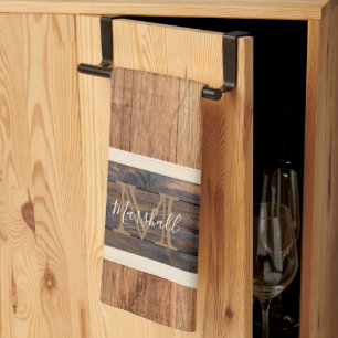 Horizontale streep tan monogram met ruw hout theedoek