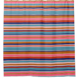 Horizontale strepen blauw roze terracotta retro douchegordijn