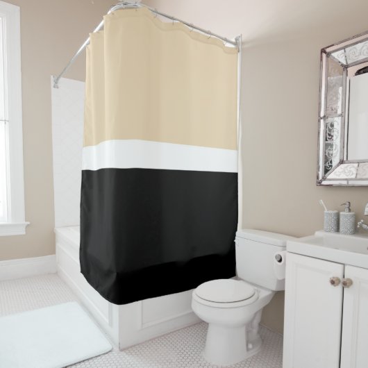 Horizontale Taupe Zwart Retro Modern Stripe Spring Douchegordijn (In situ)