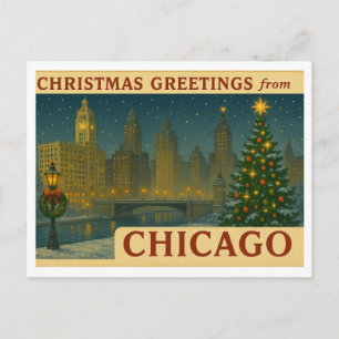 Horizontale Vintage Chicago Kerstkaart Feestdagenkaart