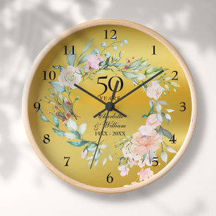 Horloge 50e anniversaire Mariage Rose Floral Gold