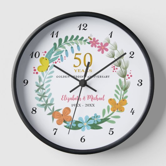 Horloge 50e Mariage Anniversaire d'or papillon floral (Recto)