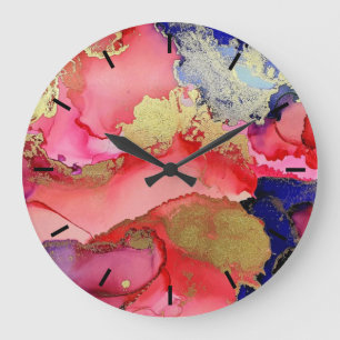 Horloge Abstraite Mur Acrylique Rouge Or