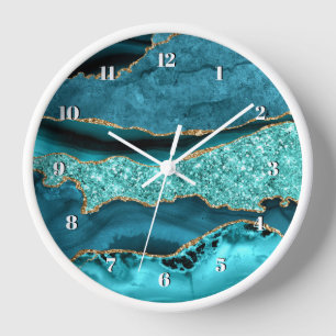 Horloge Agate Turquoise Blue Gold Parties scintillant Marb