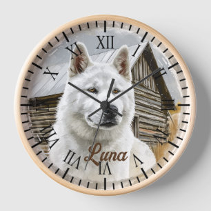 Horloge American Akita White Chien Russe Portrait de ferme
