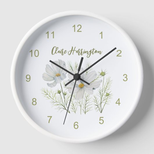 Horloge Aquarelle Blanc Cosmos Fleurs Peinture Botanique (Recto)