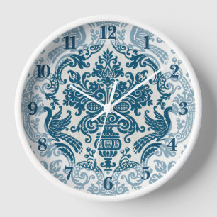 Horloge Aquarelle bleu & blanc Floral Vintage Motif