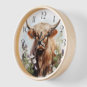 Horloge Aquarelle de vache à hautes terres florales (Angle)