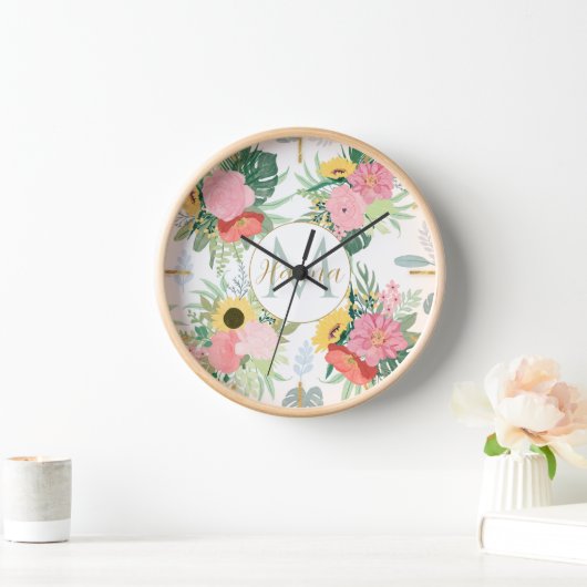 Horloge Aquarelle Fleurs de soleil et Pépites Botanique (Maison)