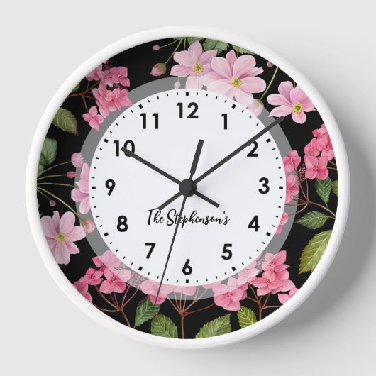 Horloge Aquarelle rose Hydrangea et anémone japonaise (Recto)