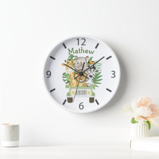 Horloge Aquarelle Safari Animaux sauvages dans une voiture