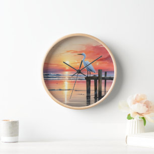 Horloge Aquarelle Soleil Côtier Avec Aiguille