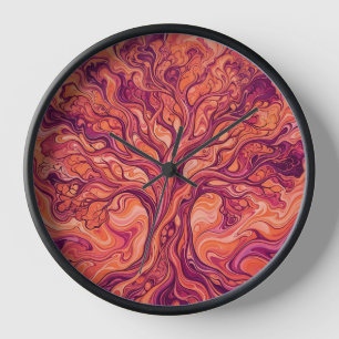 Horloge Arbre Abstrait de la Vie Coucher de Soleil Orange