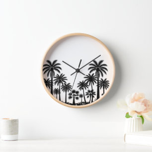 Horloge Arbres Palmiers Noirs Tropicaux Silhouette Murale
