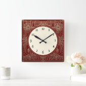 Horloge Art déco carré en rouge foncé et or (Maison)